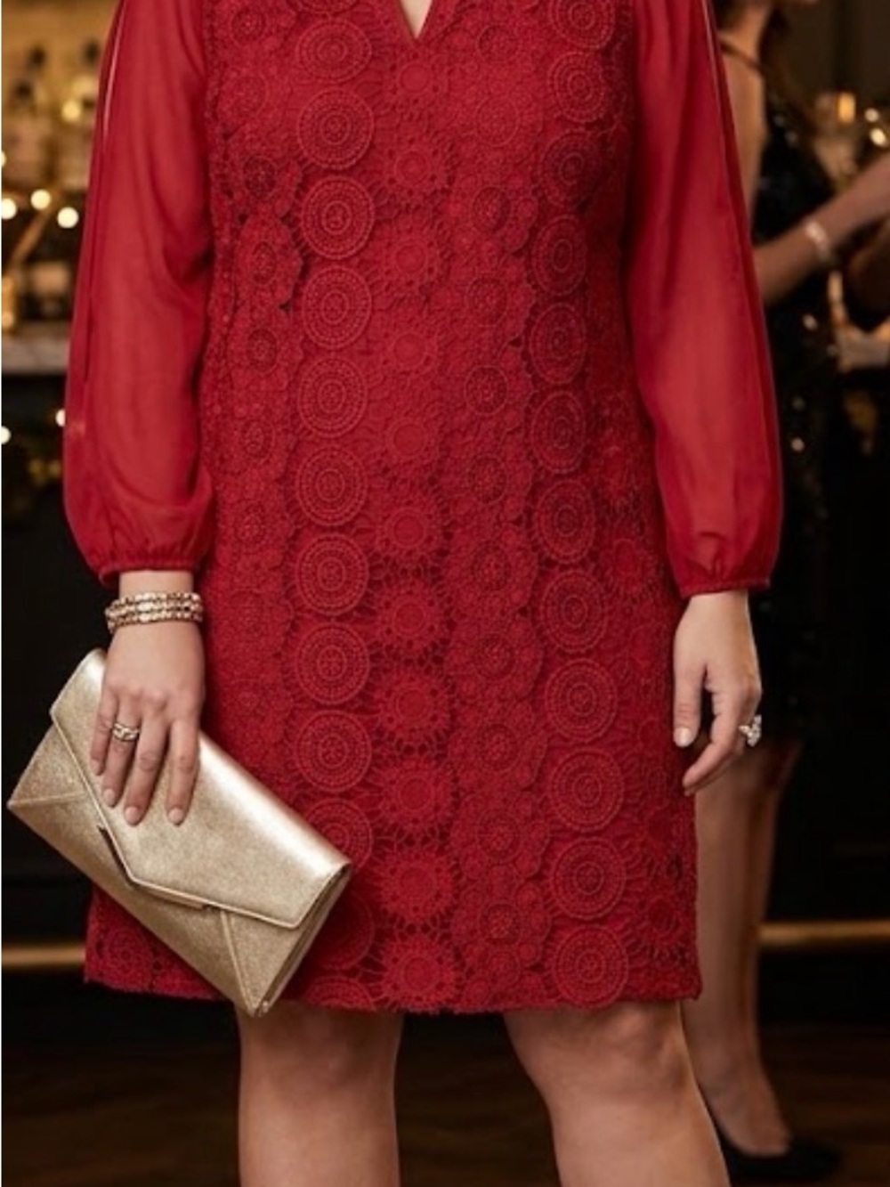 Adrianna Papell Red Lace Mini Dress with Sheer Long Sleeves